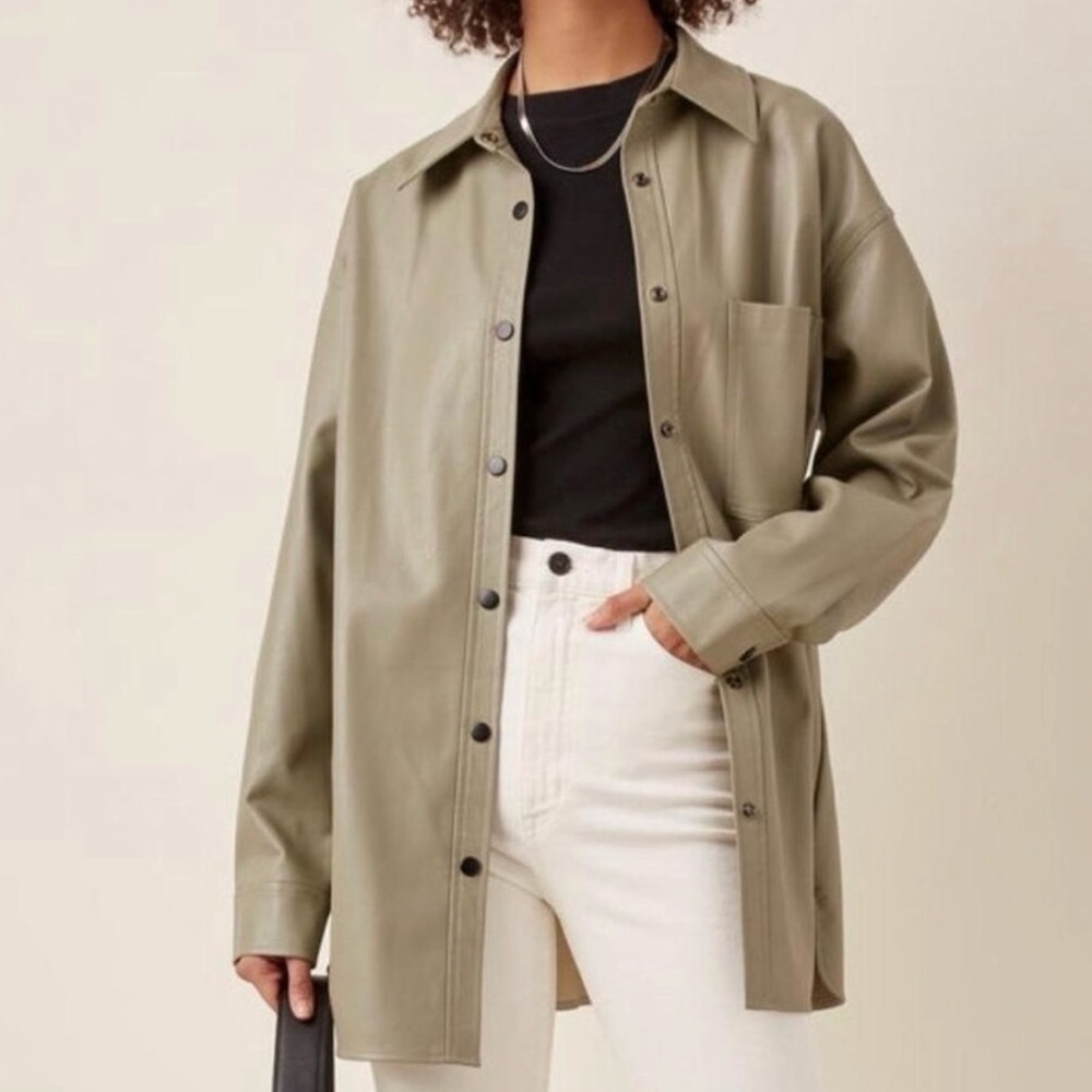 Apparis Faux Leather Oversized Olive Green Button-Up Shirt